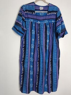 Vintage Styled by Saybury Large Blue White Abstract Midi House Dress Pockets